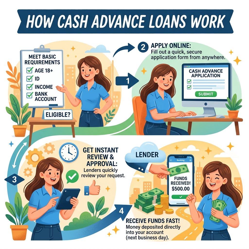 Diagram showing how cash advance loans work, from fast online application to fast processing and fund delivery